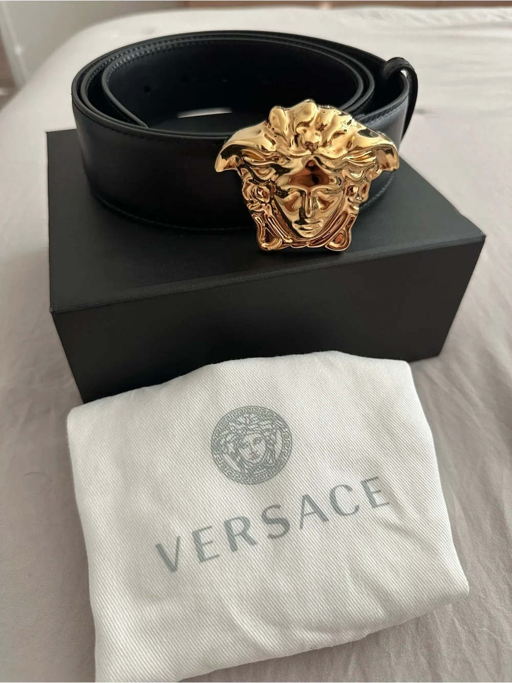 Versace Black Leather Belt with Gold Medusa Buckle